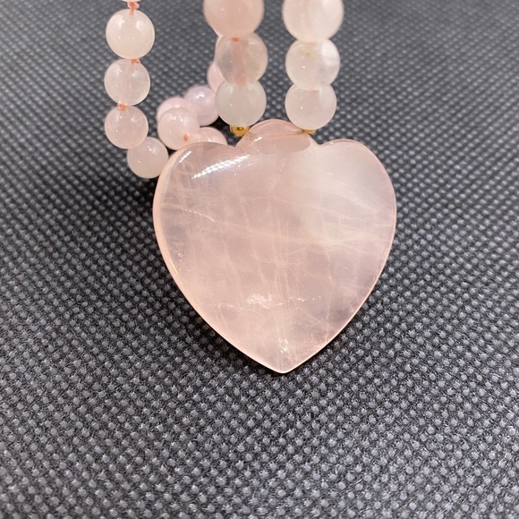 14k Hong Kong WW Rose Quartz Beaded Heart Pendant Necklace - Picture 3 of 14